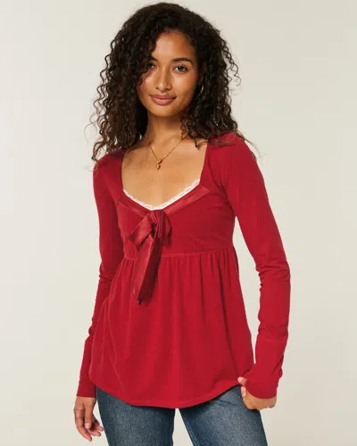 Hollister Holiday Vault Release Easy Satin Tie-front Knit Babydoll Top In Red