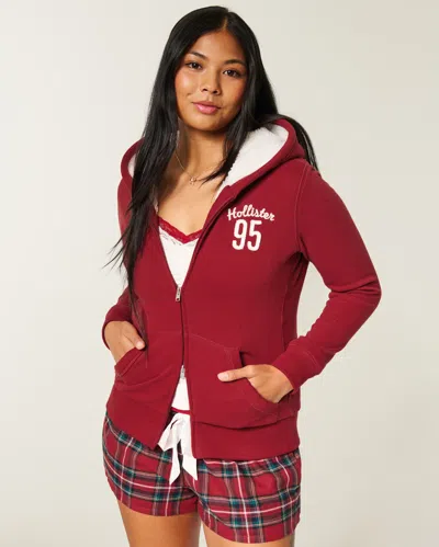 Hollister Holiday Vault Release Sherpa-lined Zip-up Logo Graphic Hoodie In Red