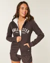 Hollister Holiday Vault Release Sherpa-lined Zip-up Logo Graphic Hoodie In Brown