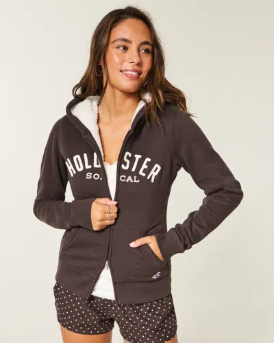 Hollister Holiday Vault Release Sherpa-lined Zip-up Logo Graphic Hoodie In Brown