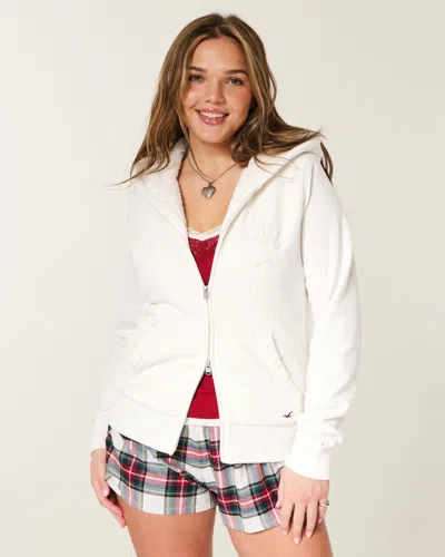 Hollister Holiday Vault Release Sherpa-lined Zip-up Logo Graphic Hoodie In White