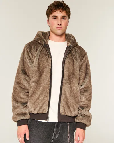 Hollister Hooded Faux Fur Jacket In Brown
