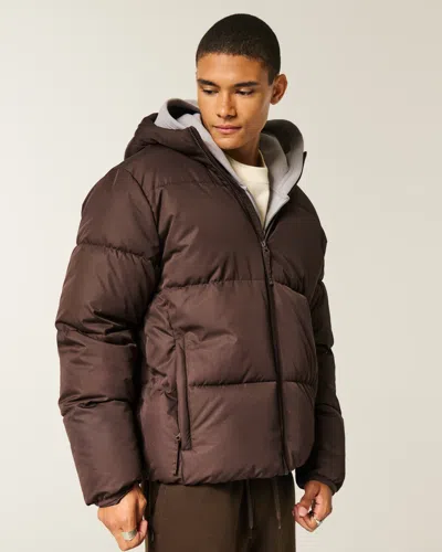 Hollister Hooded Faux Fur-lined Puffer Jacket In Brown
