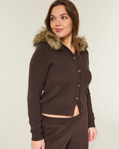 Hollister Hooded Faux Fur Trim Cardigan In Brown