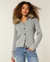 Hollister Hooded Faux Fur Trim Cardigan In Gray
