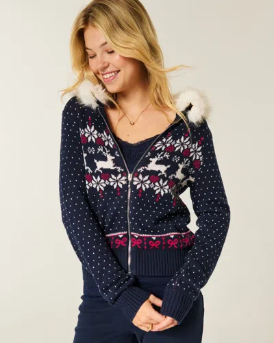 Hollister Hooded Faux Fur Trim Fair Isle Zip-up Sweater