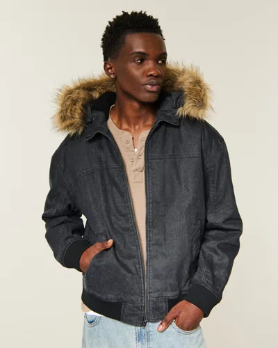 Hollister Hooded Faux Fur Trim Jacket In Black