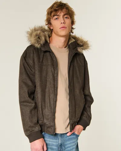 Hollister Hooded Faux Fur Trim Jacket In Brown