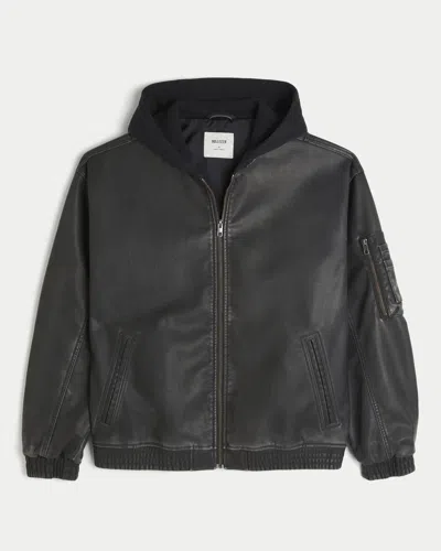 Hollister Hooded Faux Leather Bomber Jacket In Black