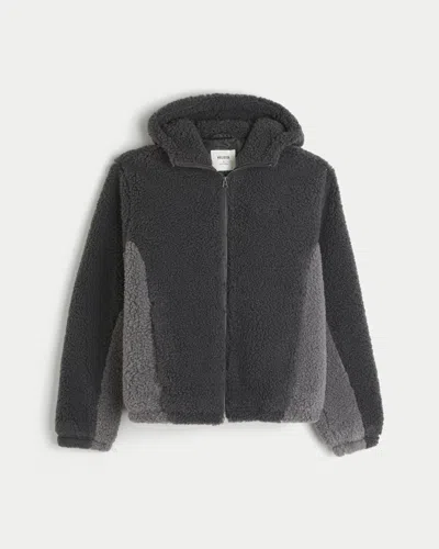 Hollister Hooded Faux Shearling Jacket In Gray