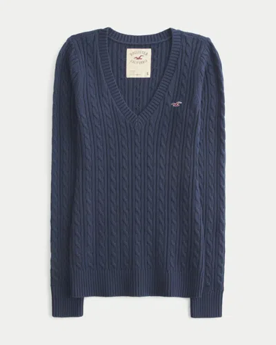 Hollister Ivy Cable-knit V-neck Sweater In Blue