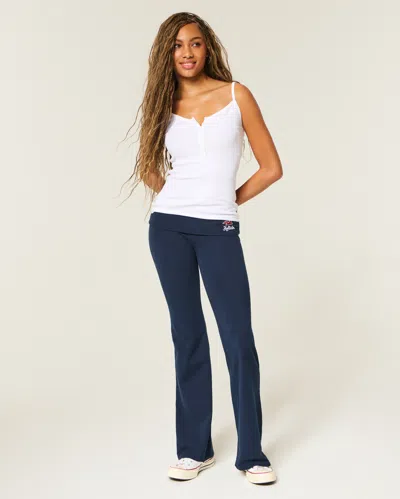 Hollister Knit Foldover Waist Logo Flare Pants In Blue