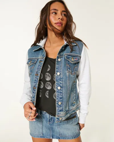 Hollister Layered Fleece-denim Hoodie In Pink