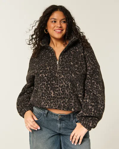 Hollister Leopard Sherpa Half-zip Sweatshirt In Brown