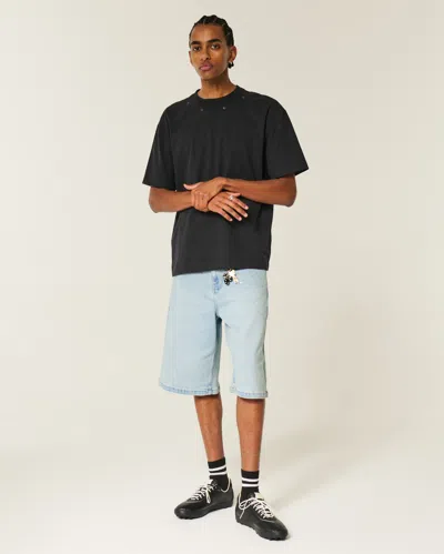 Hollister Light Wash Embellished Super Baggy Denim Shorts In Blue