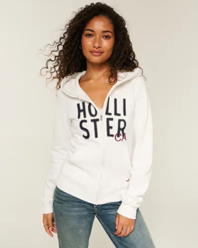 Hollister Logo Graphic Zip-up Hoodie In White