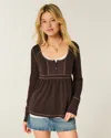 Hollister Long-sleeve Henley Babydoll Top In Brown