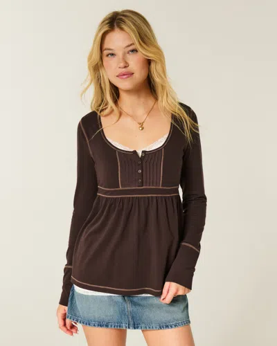Hollister Long-sleeve Henley Babydoll Top In Brown