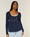 Hollister Long-sleeve Henley Babydoll Top In Blue