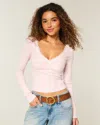 Hollister Long-sleeve Lace Trim Wrap Top In Pink