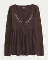 Hollister Long-sleeve Pinch Bust Babydoll Top In Brown