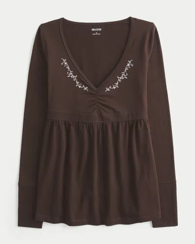 Hollister Long-sleeve Pinch Bust Babydoll Top In Brown