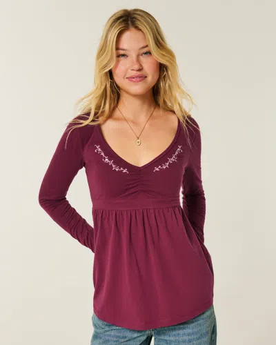 Hollister Long-sleeve Pinch Bust Babydoll Top In Purple