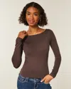 Hollister Long-sleeve Seamless Fabric Slash-neck Top In Brown