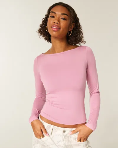 Hollister Long-sleeve Seamless Fabric Slash-neck Top In Pink