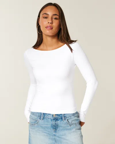 Hollister Long-sleeve Seamless Fabric Slash-neck Top In White