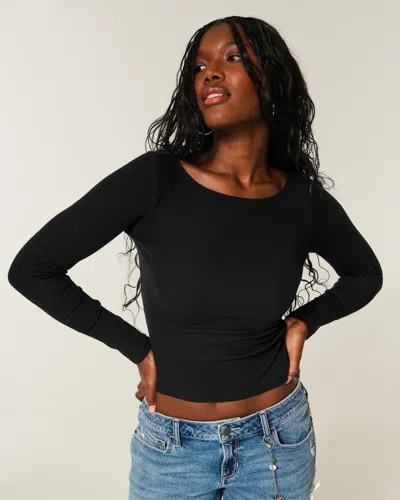 Hollister Long-sleeve Slash-neck Top In Black