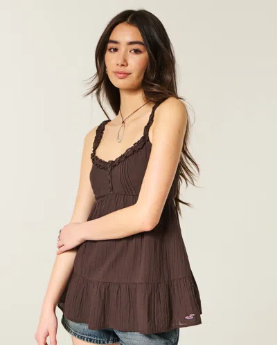 Hollister Longline Ruffle Icon Tunic Babydoll Top In Brown