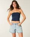 Hollister Low-rise Light Wash Foldover Waist Baggy Denim Shorts 5" In Blue