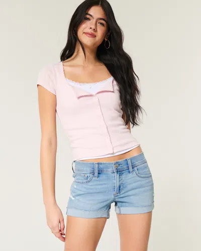 Hollister Low-rise Ripped Light Wash Denim Shortie Shorts In Blue