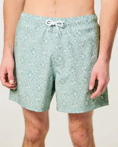 Hollister Mid-thigh Volley Swim Trunks In Green