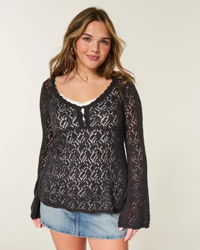 Hollister Open-stitch V-neck Sweater In Black