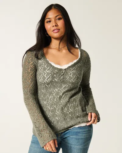 Hollister Open-stitch V-neck Sweater In Green