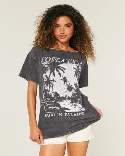 Hollister Oversized Off-the-shoulder Costa Rica Graphic Tee In Gray