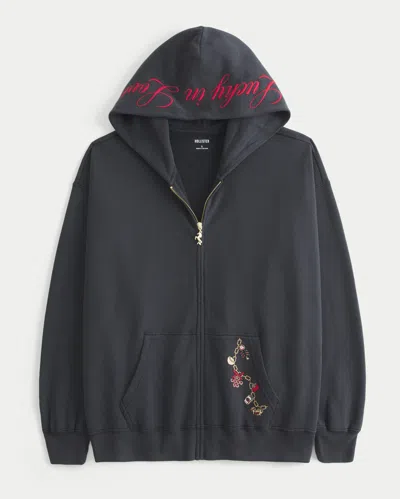 Hollister Oversized Zip-up Lucky In Love Graphic Hoodie In Black