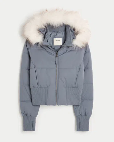 Hollister Peyton Faux Fur Trim Puffer Jacket In Gray