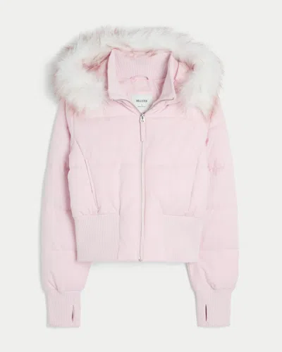 Hollister Peyton Faux Fur Trim Puffer Jacket In Light Pink