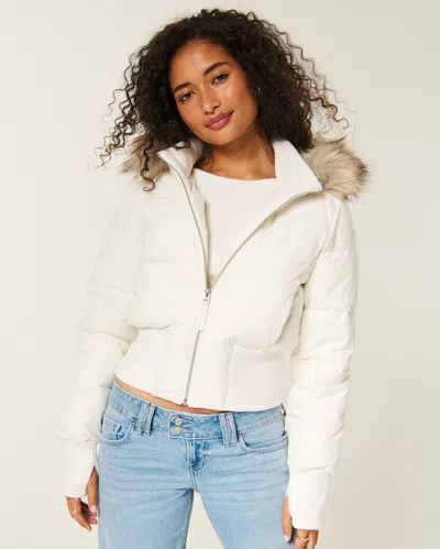 Hollister Peyton Faux Fur Trim Puffer Jacket In White