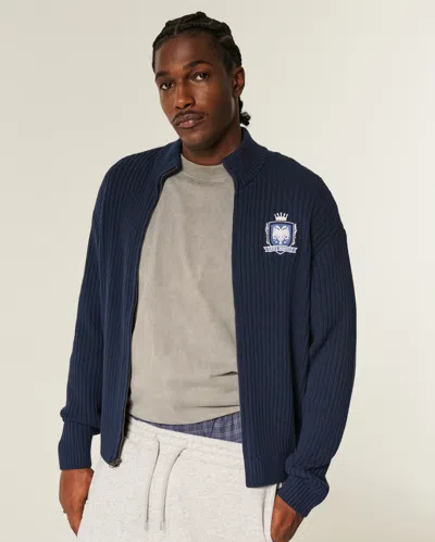 Hollister Relaxed Zip-up Emblem Sweater In Blue