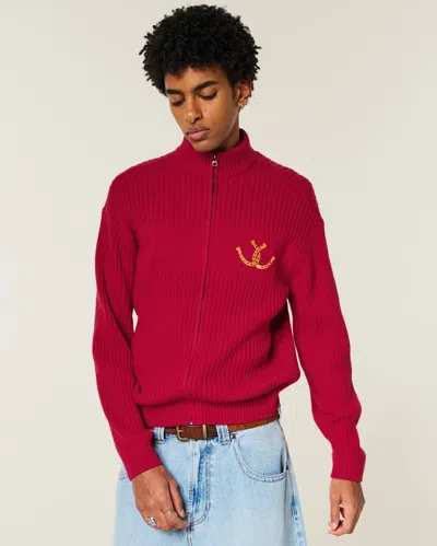 Hollister Relaxed Zip-up Horseshoe Graphic Sweater In Red