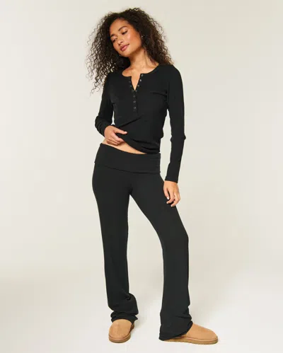 Hollister Rib Foldover Waist Bootcut Pants In Black
