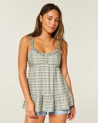 Hollister Ruffle Trim Tunic Babydoll Top In Green Plaid