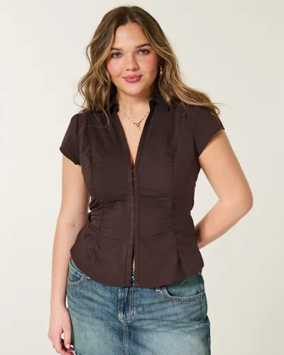 Hollister Short-sleeve Ruched Shirt In Brown