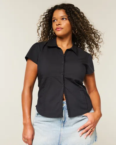 Hollister Short-sleeve Stretch Poplin Button-through Shirt In Black