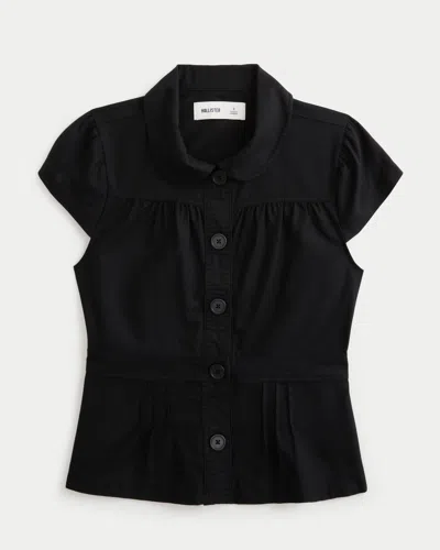 Hollister Short Sleeve Twill Peter Pan Collar Shirt In Black
