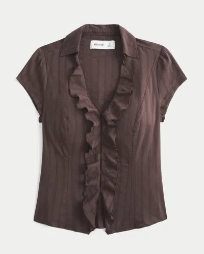 Hollister Short-sleeve Flyaway Ruffle Shirt In Brown
